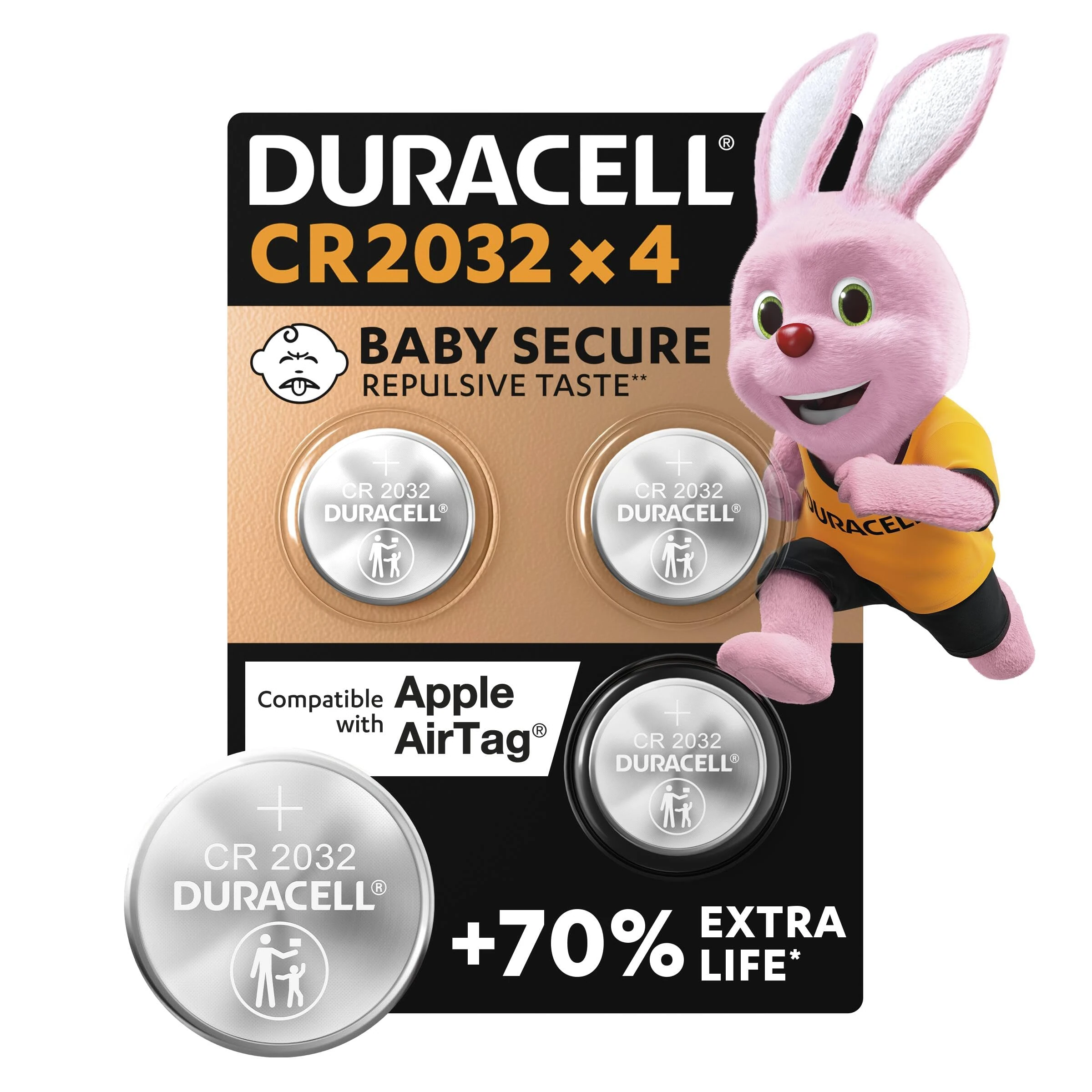 Duracell CR2032 Lithium Coin Batteries 3V (4 Pack) - Up to 70% Extra Life* - Baby Secure Technology & Packaging – For Apple AirTags, Key Fobs, Home Devices, Fitness and Medical Accessories