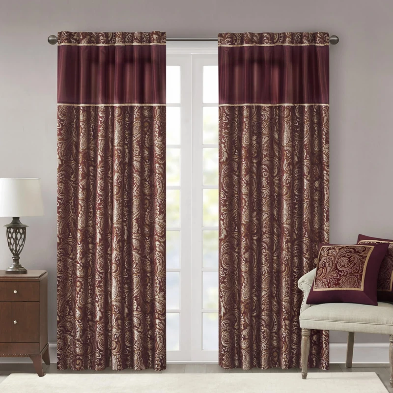 Madison Park Aubrey Faux Silk Paisley Jacquard, Rod Pocket Curtain for Living Room, Kitchen, Bedroom and Dorm, 50 in x 84 in, Burgundy