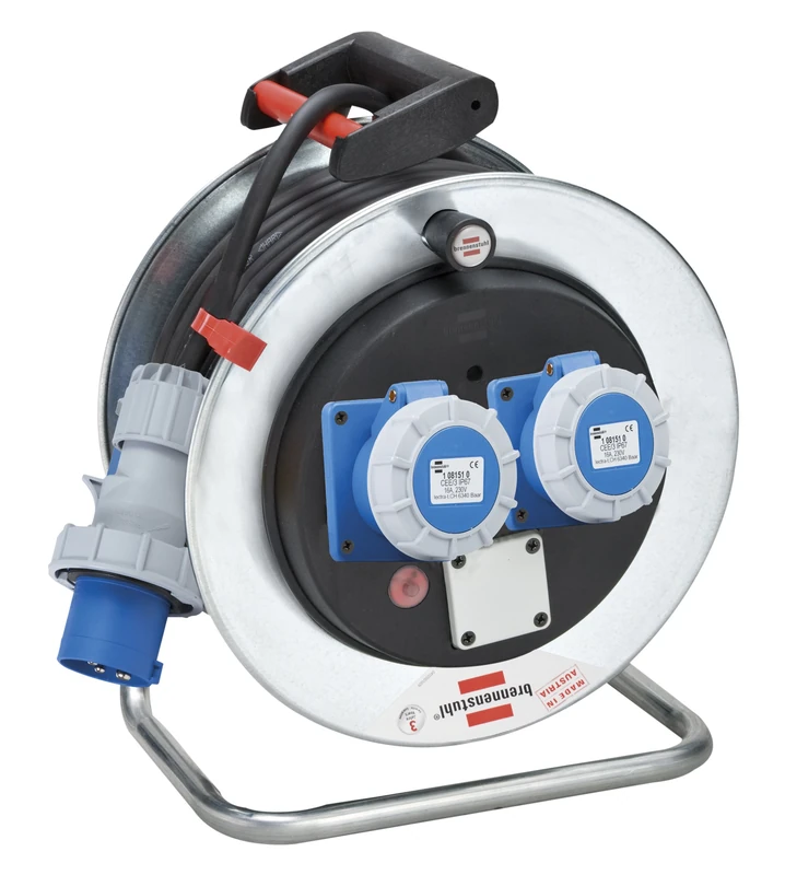 Brennenstuhl 1192796 Cable Winder 33 m Series Garant SK in Galvanised Rust Steel, Plug and 2 Sockets EEC 3 Pin 230 V/16 A Waterproof IP67, Diameter 32 cm Ergonomic Handle