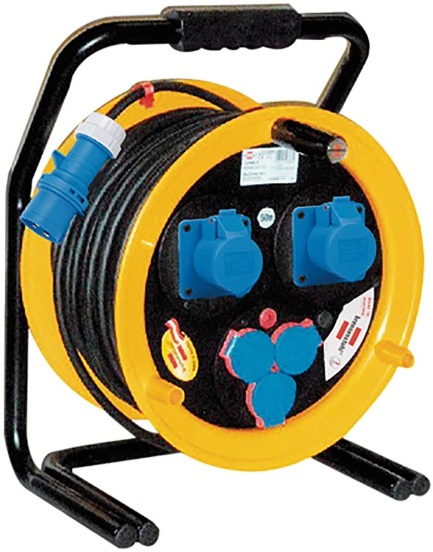 Brennenstuhl 1319026 Industrial Cable Reel, 50 m, Brobusta CEE 2 Construction Site Cable, CEE Plug 3-Pin 230 V, Self-Closing Sockets (3 Schuko + 2 CEE 3 Poli) IP44