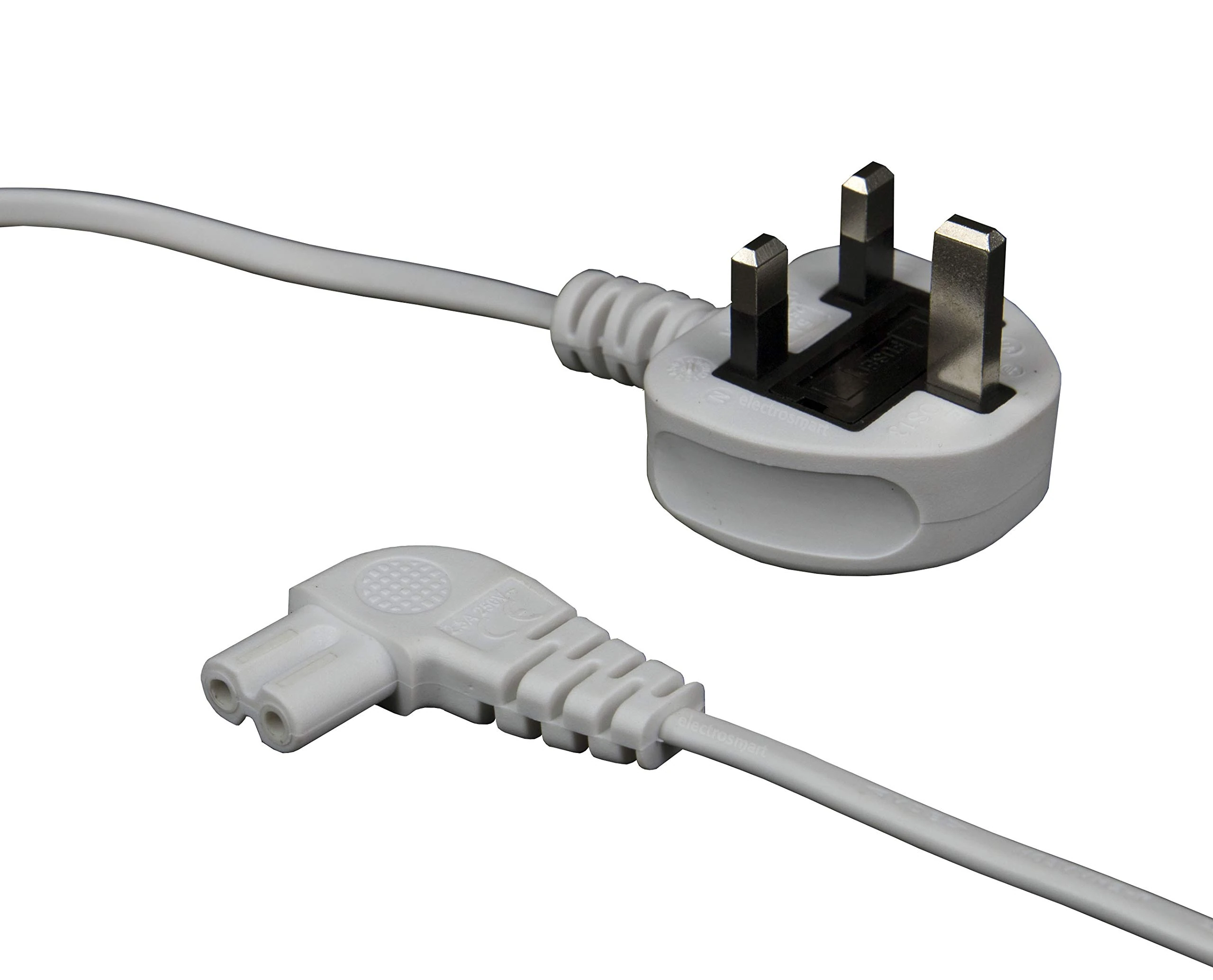 White 10m Mains Power Cable/Lead by electrosmart® ~ 3 Pin Moulded UK Plug to Right Angled IEC C7 Figure 8