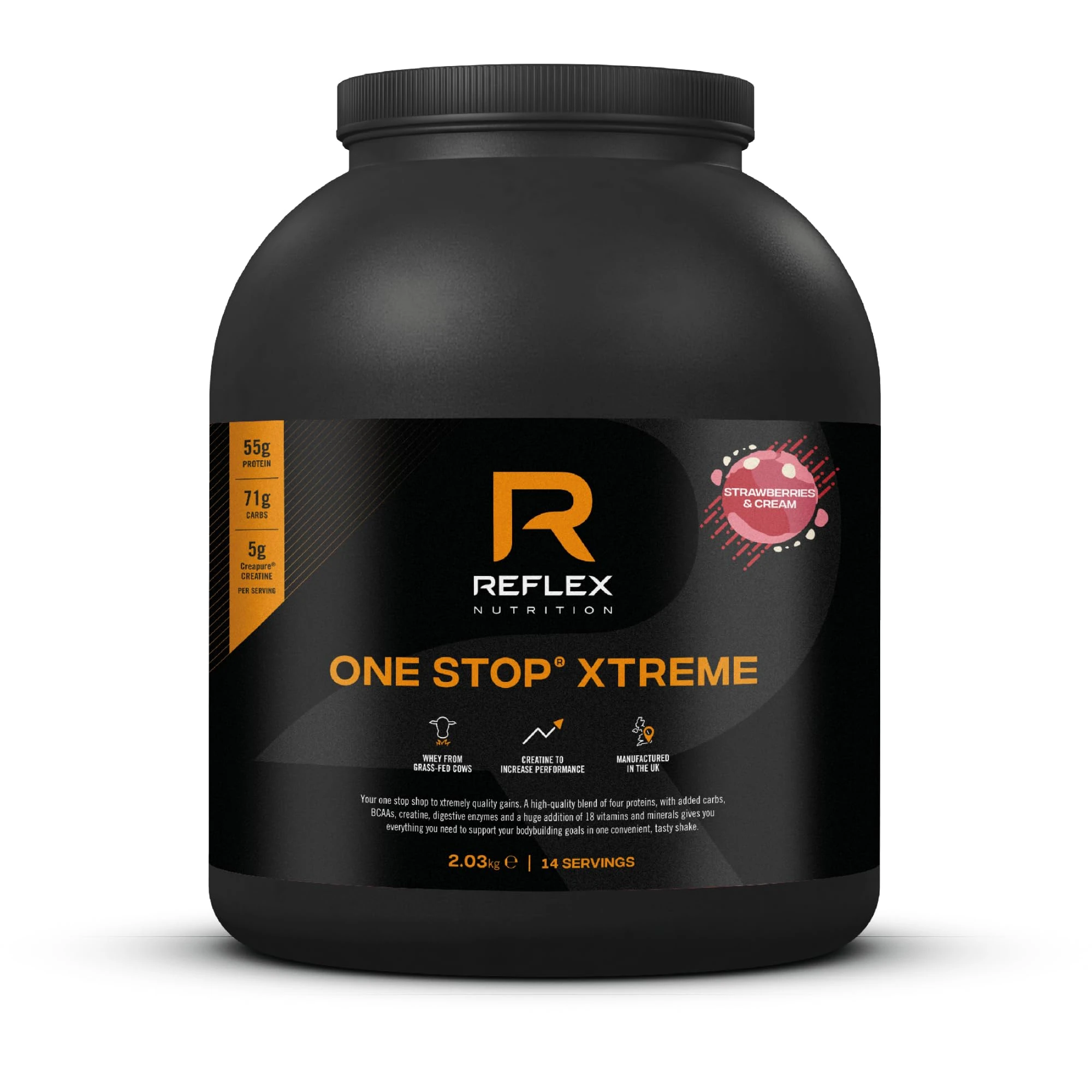 Reflex Nutrition One Stop® Xtreme - Serious Mass Gainer - All in One Protein Powder - 55g Protein, 10.3g BCAAs, 5,000mg Creatine - Muscle Building Protein Shake (Strawberries & Cream, 2.03kg)