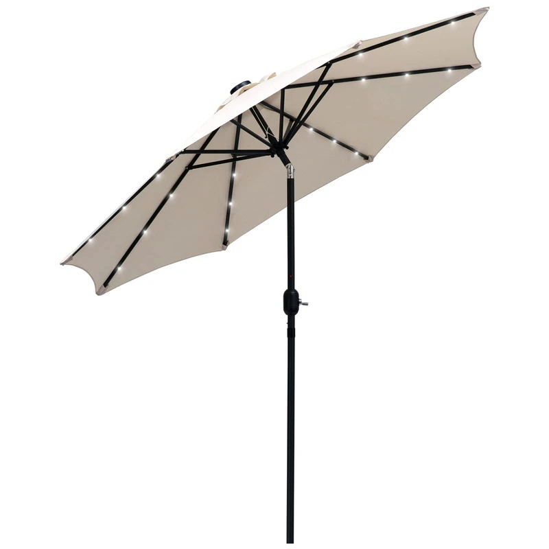 Outsunny 2.7m Patio Garden Umbrella Outdoor Parasol Outdoor Market Table Umbrella with Tilt Crank and 24 LEDs Lights (Cream)