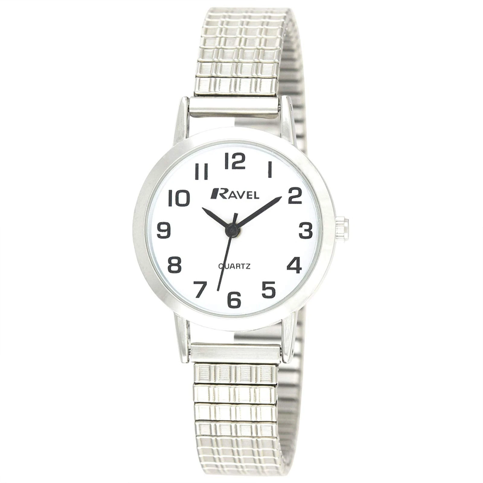 Ravel - Women's Traditional Watch with Clear Numeral Dial on Expander Bracelet - Silver Tone