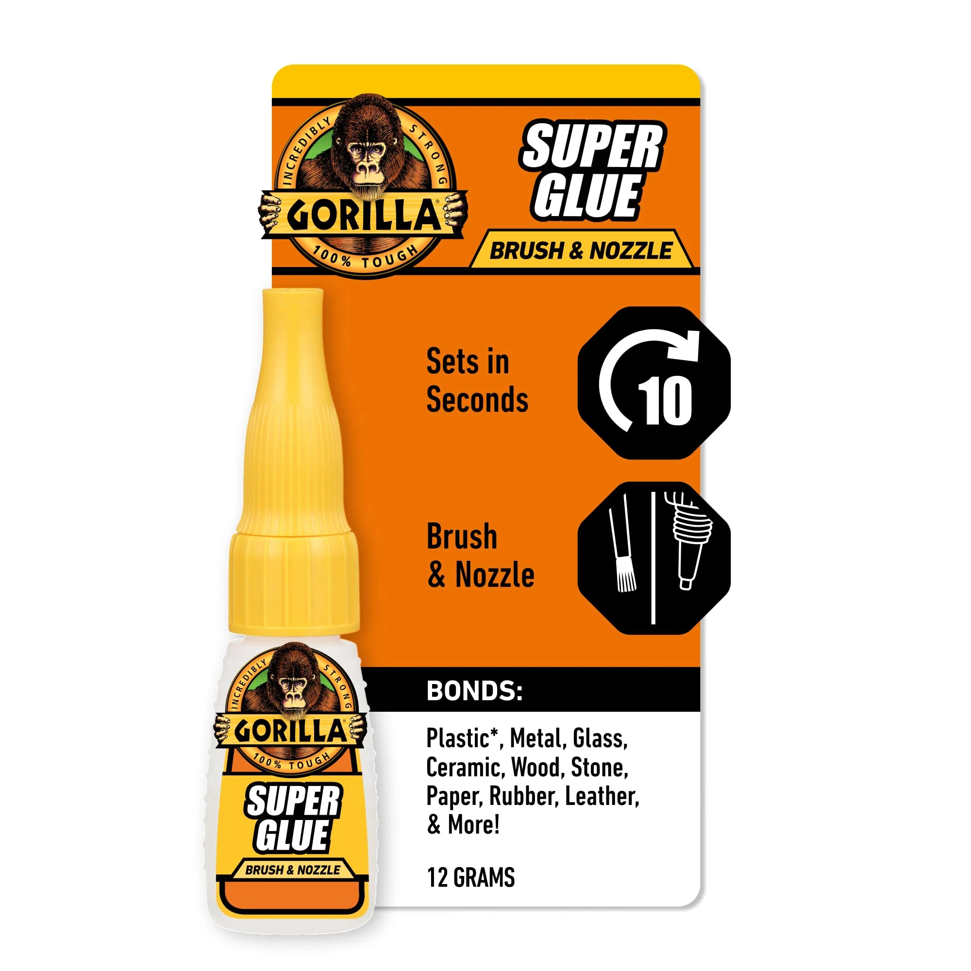 Gorilla Super Glue 2-in-1 Brush & Nozzle, 12g – All Purpose, Fast Setting, Dual Application with Anti-Clog Cap | Ideal for Metal, Ceramics, Leather & More