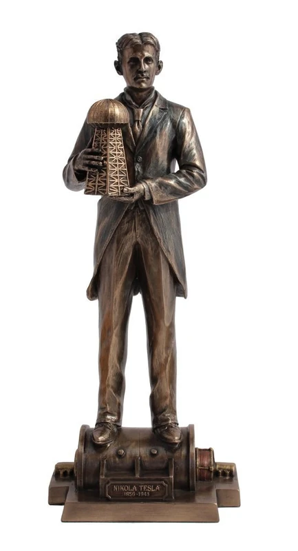 VERONESE Design 12" Tall Nikola Tesla Holding a Model of Wardenclyffe Tower Statue Cold Cast Resin Antique Bronze Finish Sculpture - Image 1