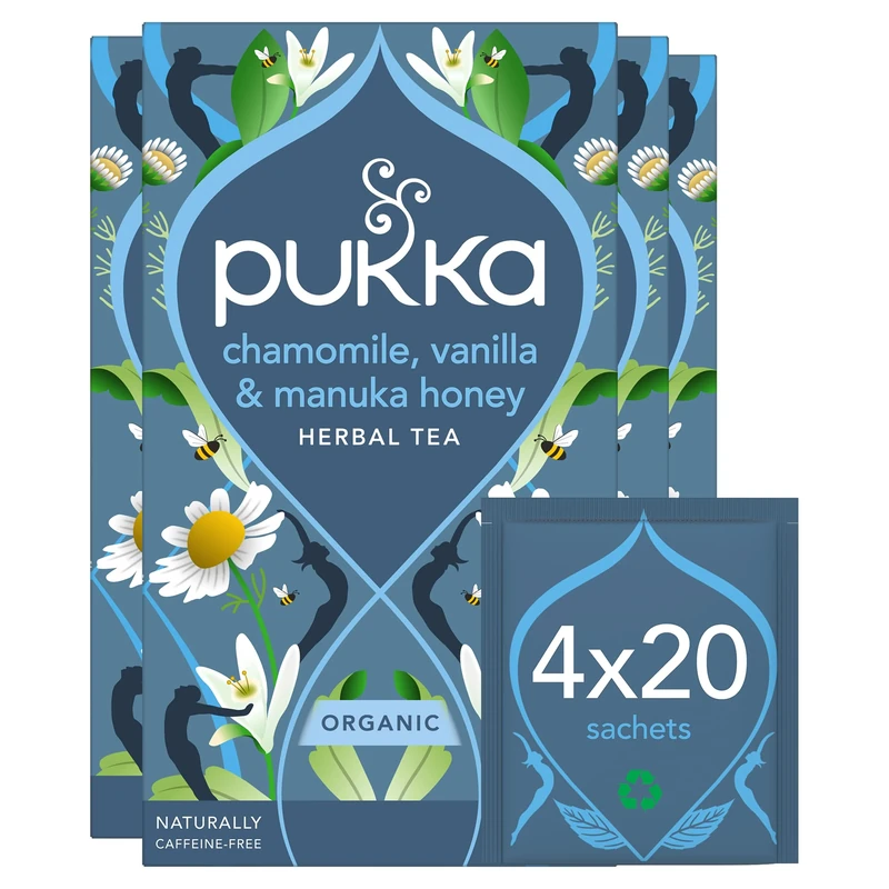 Pukka Herbs | Chamomile, Vanilla and Manuka Honey Organic Herbal Tea Box | Infusion With Licorice & Fennel | Perfect For Calming | Caffeine Free | 4 Packs | 80 Plant Based Biodegradable Tea Bags