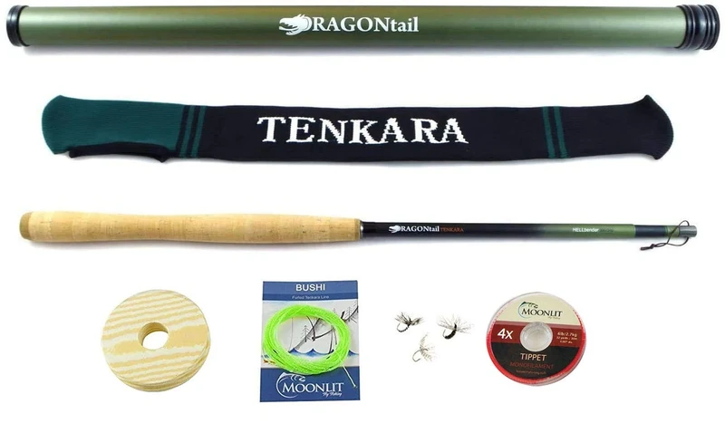 DRAGONtail Tenkara HELLbender 13-11.3' Zoom Tenkara Fly Fishing Rod PLUS Complete Starter Package – Flies, Line/Leader, Tippet, Line Holder, Storage Tube, and Rod Sock by DRAGONtail Tenkara