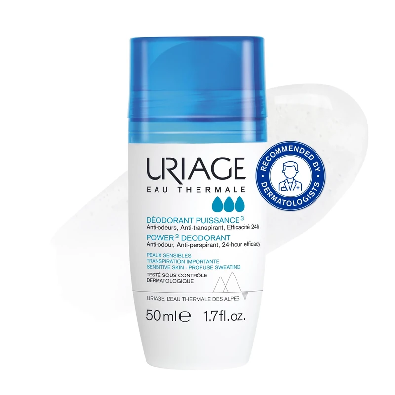 Uriage Power3 Antiperspirant Deodorant Roll-on - 24H Sweat & Odor Efficacy - Dry Touch - No White Marks, No Yellow Stains - Fresh Unisexe Scent - Long-lasting Formula - Alcohol-free - Hypoallergenic