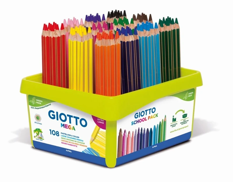GIOTTO Mega Chunky Colouring Pencils, Schoolpack, 108 Assorted Colours, For Children, Parties and Schools