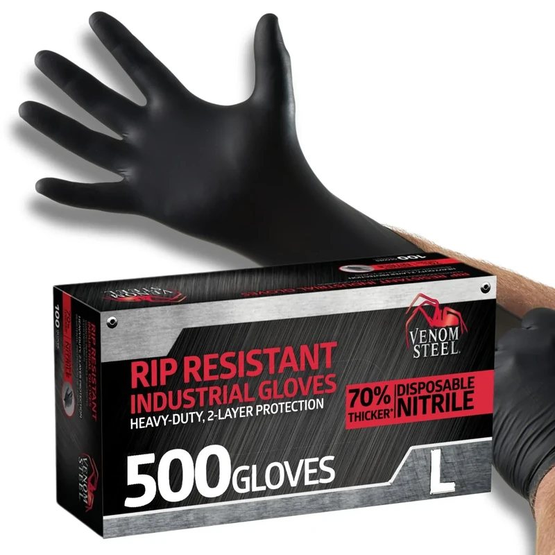 Venom Steel VEN6543 Nitrile Gloves, Rip Resistant Disposable Latex Free Black Gloves, 2 Layer Gloves, 6 mil Thick, Large (Pack of 500) - Image 1