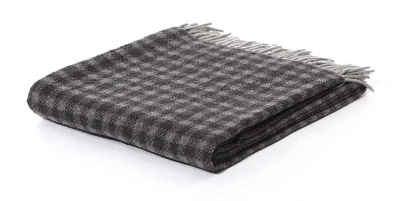 Biederlack Britta Plaid Pure Blanket Throw, Wool, Vichy-Flow Anthracite/Grey, 130 x 170 cm