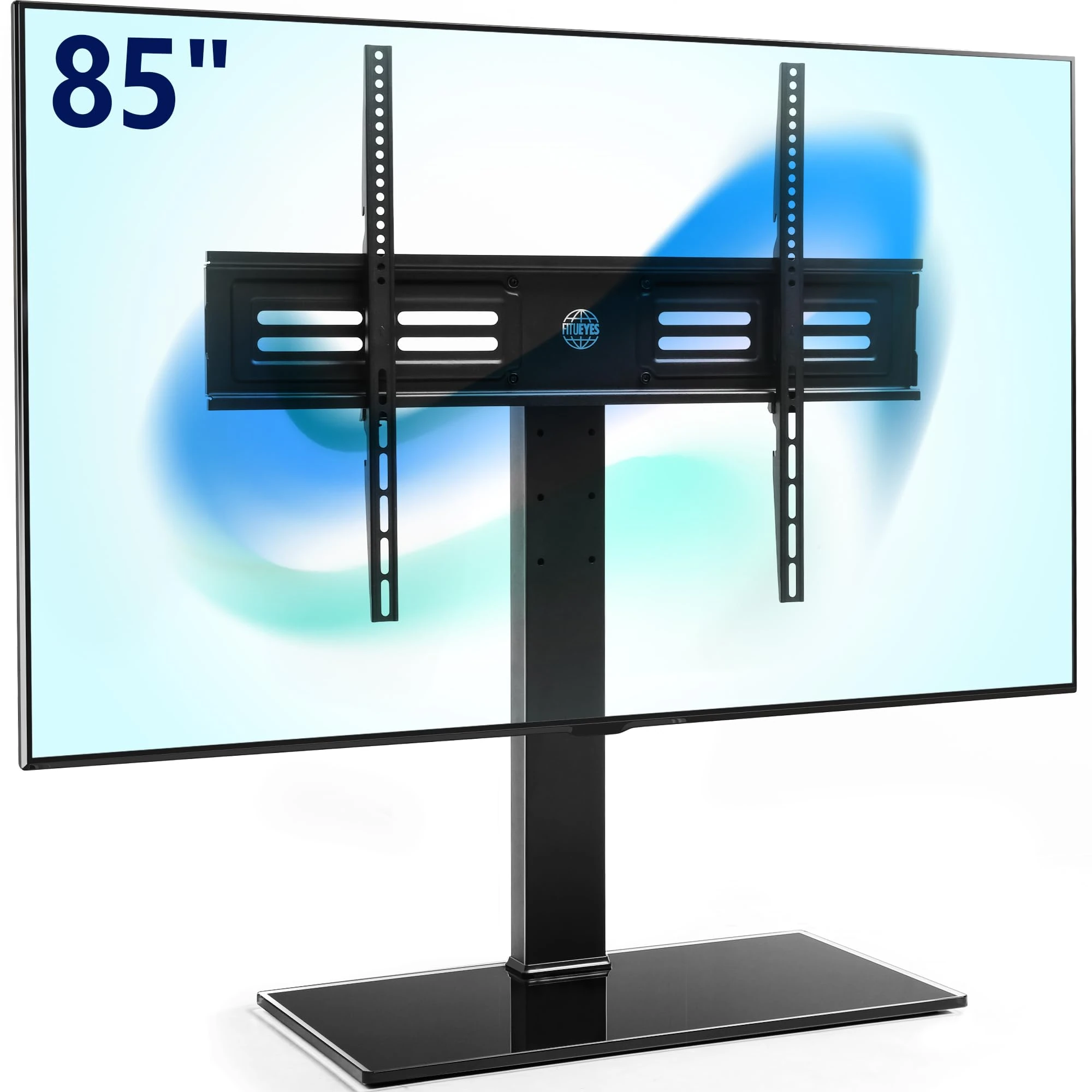 FITUEYES Universal TV Stand for Large TVs upto 85 Inch, Tall Tabletop TV Pedestal Stand with 10mm Tempered Glass Base, Swivel, Height Adjustable, Easy Assembly, Holds 50kgs Black Max. VESA 600x800mm