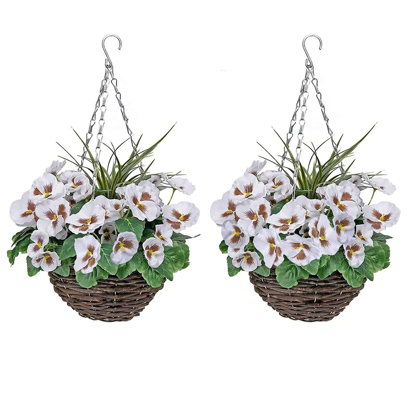 GreenBrokers 2 x Artificial White Pansy Hanging Baskets