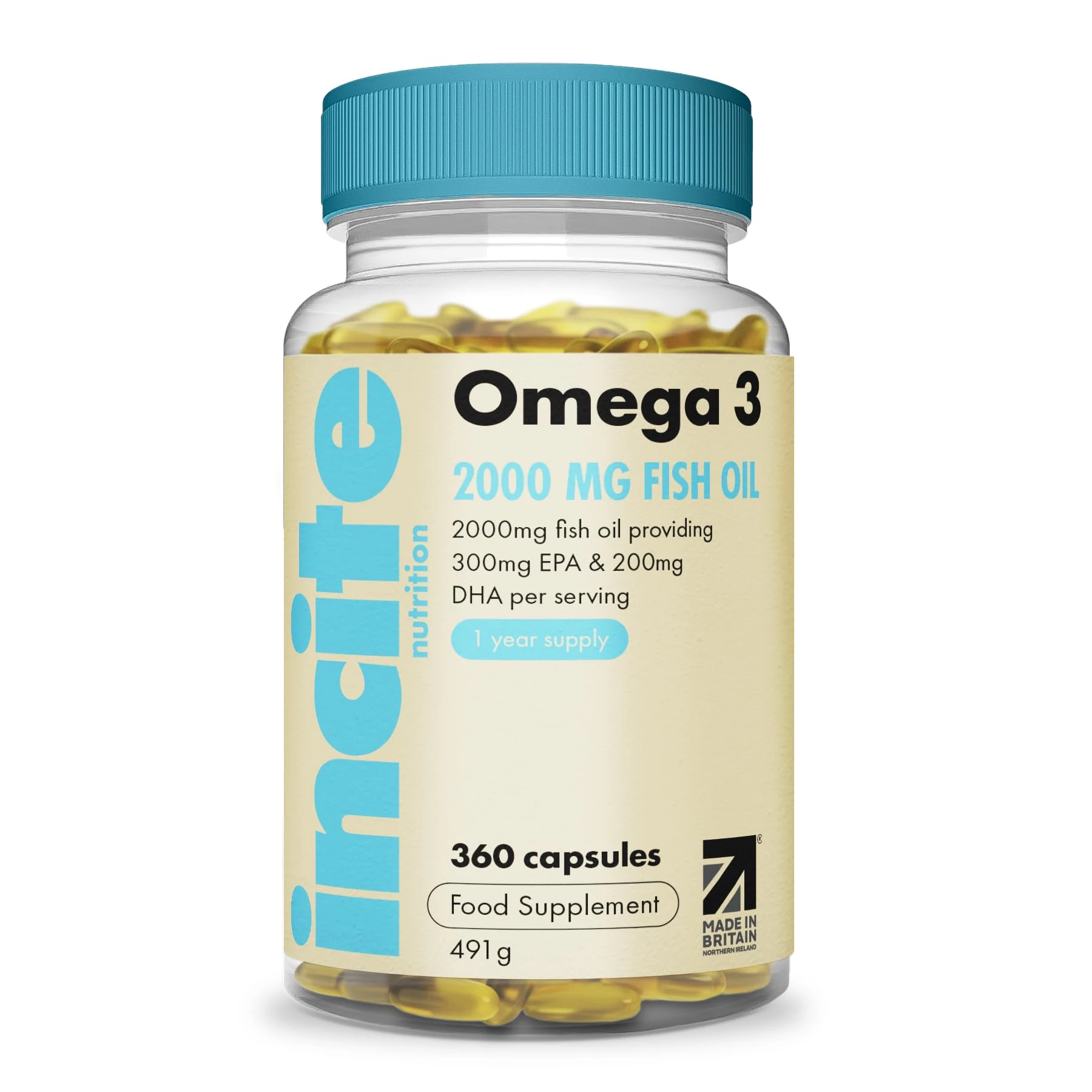 Incite Nutrition Omega 3 Fish Oil Capsules 2000 mg. 360 Softgels. 6 Month Supply of High Strength Omega 3 Fatty Acids with EPA & DHA. Non-GMO, UK Made, No Fishy Aftertaste