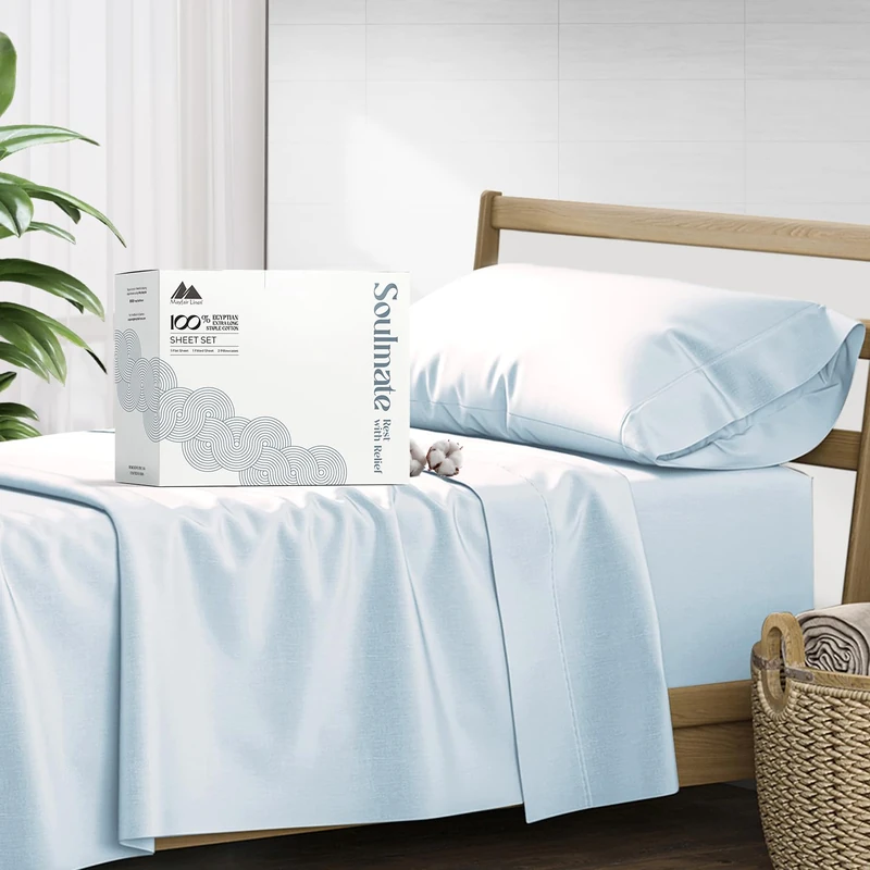 Mayfair Linen Hotel Collection Egyptian Cotton 500 Thread Count 4 Piece Single Bed Sheets Set (1 Flat Sheet 1 Fitted Sheet And 2 Pillow Cases) Twin Light Blue