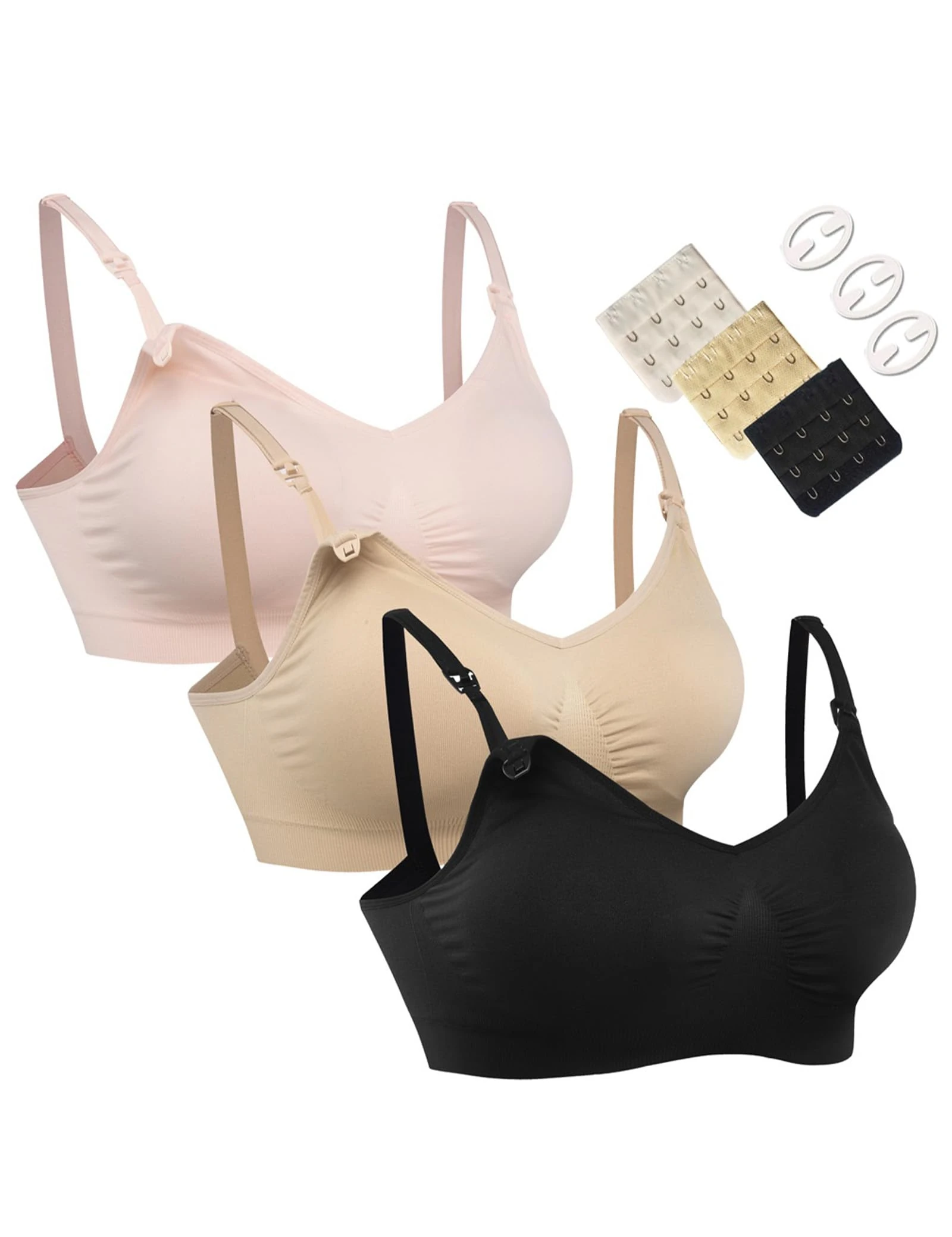 HOFISH 3PACK Full Bust Seamless Nursing Maternity Bras Bralette S-XXL with Extra Bra Extenders & Clips, 03pack:pinkblackbeige, M