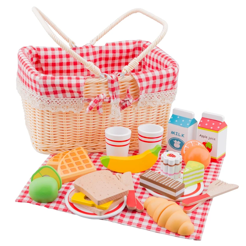 Woet® Wooden Toy Picnic Basket for Kids - 30-Piece Pretend Play Food Set - With Blanket, Plates, Cups and Cutlery - Role Play Kitchen Toy - Age 3 Years+