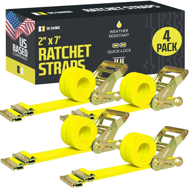 E Track Ratchet Straps Cargo Tie-Downs, (Pack of 4) 2 x 12 Heavy Duty Yellow Tie-Down Rachet Straps, Strong Ratchet Strap, E Track Spring Fittings, Tie Down Motorcycle