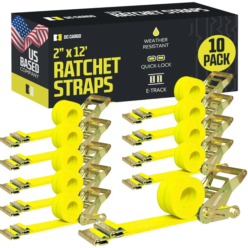 E Track Ratchet Straps Cargo Tie-Downs, (Pack of 10) 2 x 12 Heavy Duty Yellow Polyester Tie-Down Rachet Straps, Strong Ratchet Strap, E Track Spring Fittings, Tie Down Motorcycle