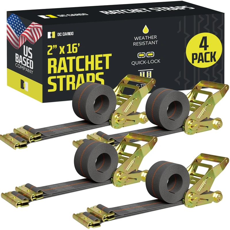 4 E Track Ratchet Tie-Down Cargo Straps, 2" x 16' Durable Ratcheting Strap Cargo TieDowns, Heavy Duty Grey Polyester Tie-Downs, ETrack Spring Fittings…