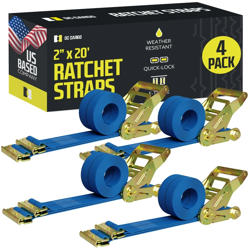 E Track Ratchet Straps Cargo Tie-Downs, (Pack of 4) 2 x 20 Heavy Duty Blue Tie-Down Rachet Straps, Strong Ratchet Strap, E Track Spring Fittings, Tie Down Motorcycle