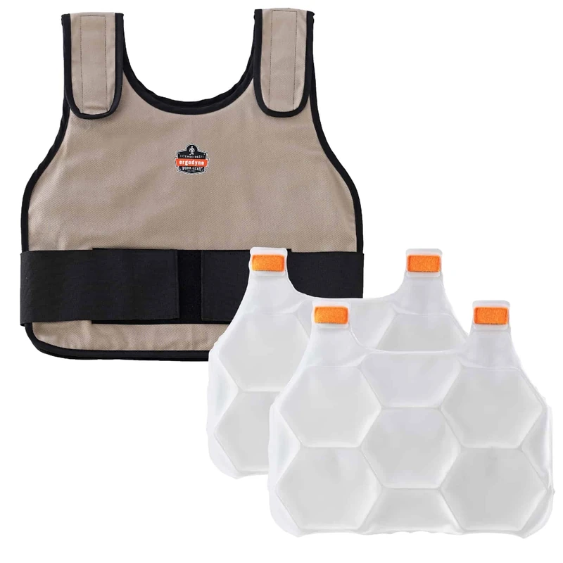 Cooling Vest with 2 Ice Packs, Instant Cooling Relief, Flexible Design, Ergodyne Chill Its 6230,Khaki,L/XL