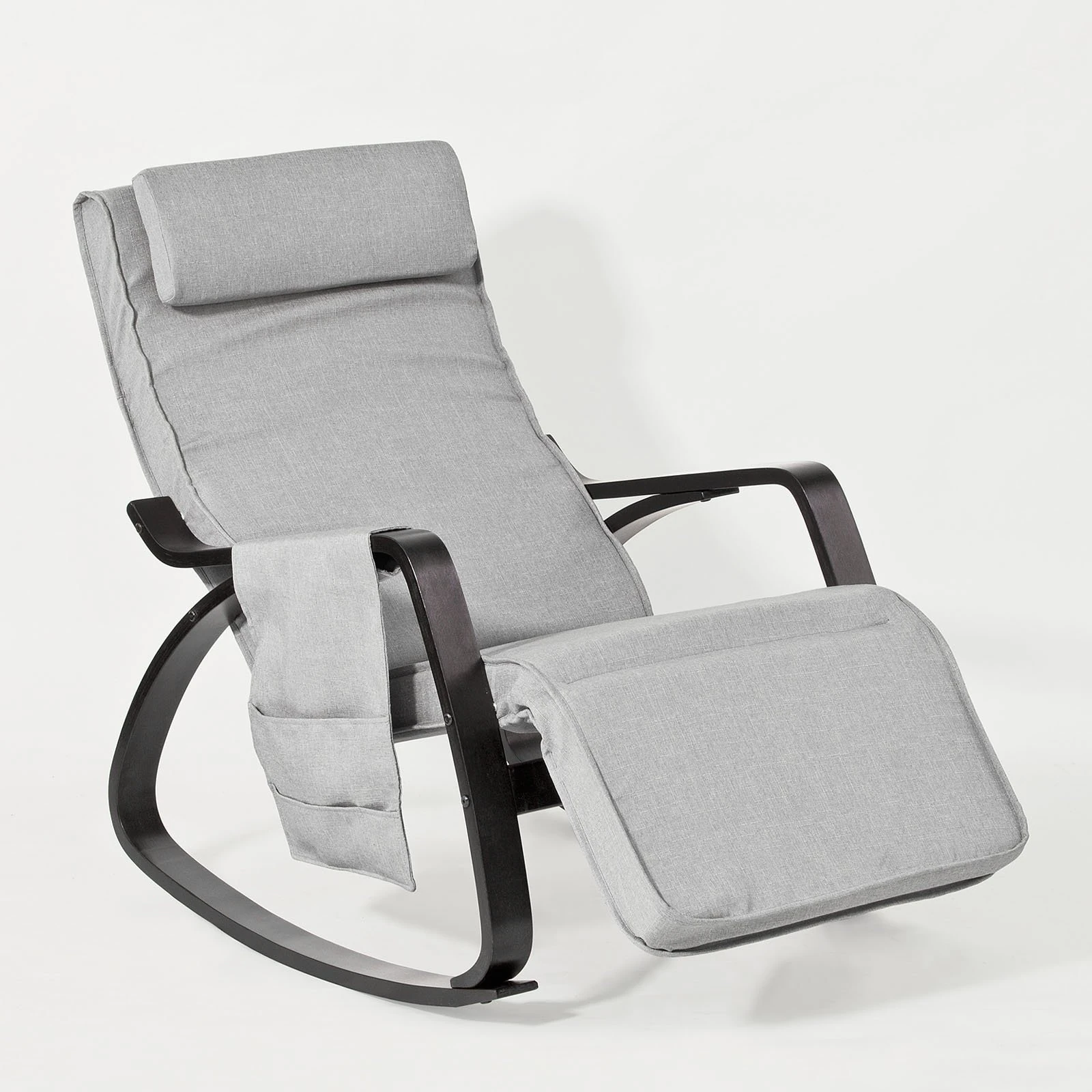 SoBuy Rocking Chair Relax Lounge Chair with Cushion Recliner with Headrest, Adjustable Footrest and Removable Side Bag Grey FST20-HG