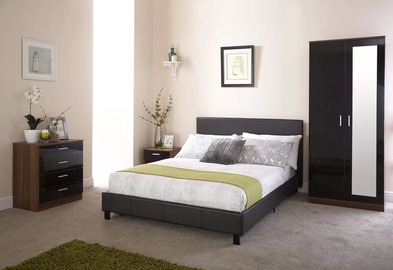 GFW Faux Leather Bed Frame With Padded Headboard H Stitch Design, Double, Black