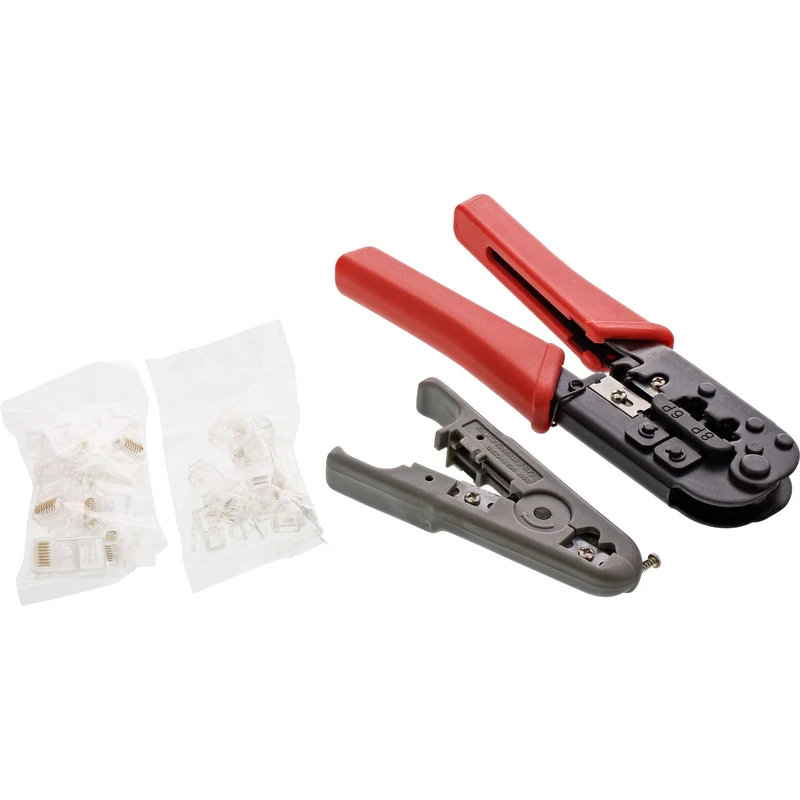 InLine® 74100I Crimping Tool Set for RJ45 Connector with Pliers, Insulation and Western Plugs Red