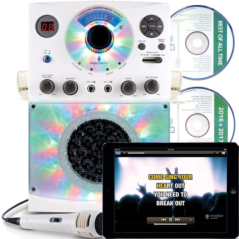 Singing Machine SML385 Karaoke Equipment with Bluetooth 1 Microphone and 36 Current Tracks - White