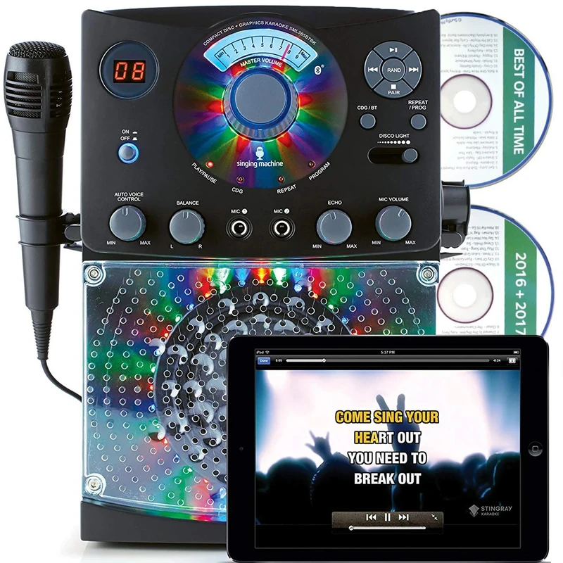 Singing Machine SML385UBK Bluetooth Karaoke System with LED Disco Lights, CD+G, USB and Microphone - Black