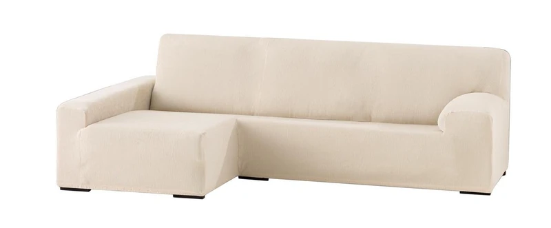 Eysa elastic sofa throw over chaise longue left, frontal view, polyester cotton, 00-ecru, 90 x 240 - 280 x 155 cm