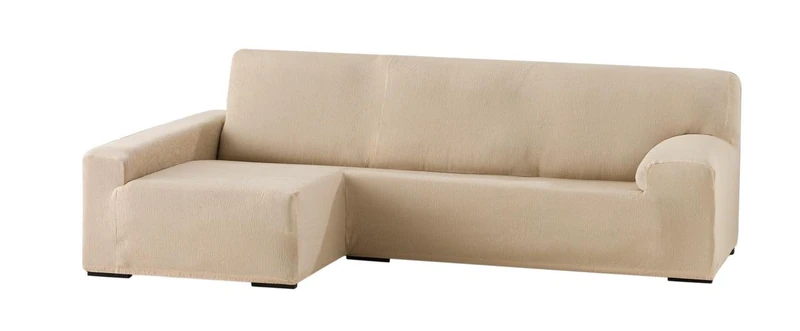 Eysa elastic sofa throw over chaise longue left, frontal view, polyester cotton, 01-beige, 90 x 240 - 280 x 155 cm