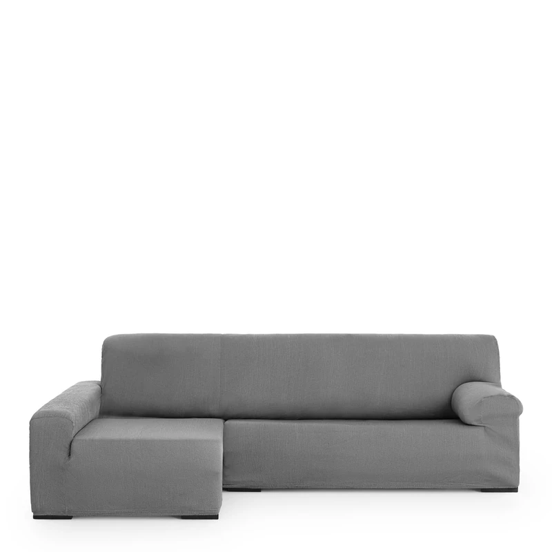 Eysa elastic sofa throw over chaise longue left, frontal view, polyester cotton, 06-gray, 90 x 240 - 280 x 155 cm