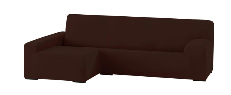 Eysa elastic sofa throw over chaise longue left, frontal view, polyester cotton, 07-brown, 90 x 240 - 280 x 155 cm