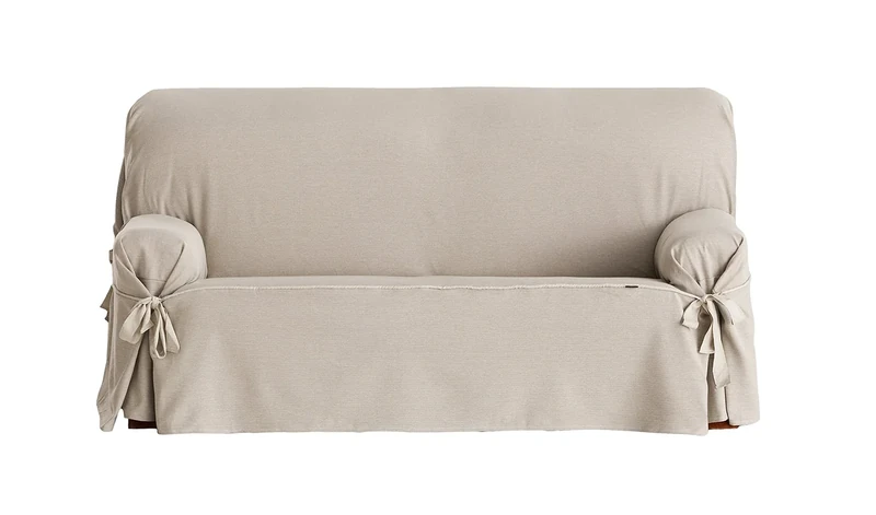 Eysa Constanza Universal Sofa Cover with Ribbons 3 Color 01-Linen, Cotton, Beige, Three Seats