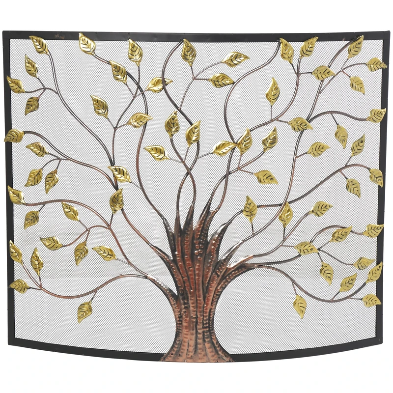 Deco 79 Metal Tree Sculpted Relief Single Panel Fireplace Screen with Curved Mesh Netting, 39 Inch x 7 Inch x 33 Inch, Bronze