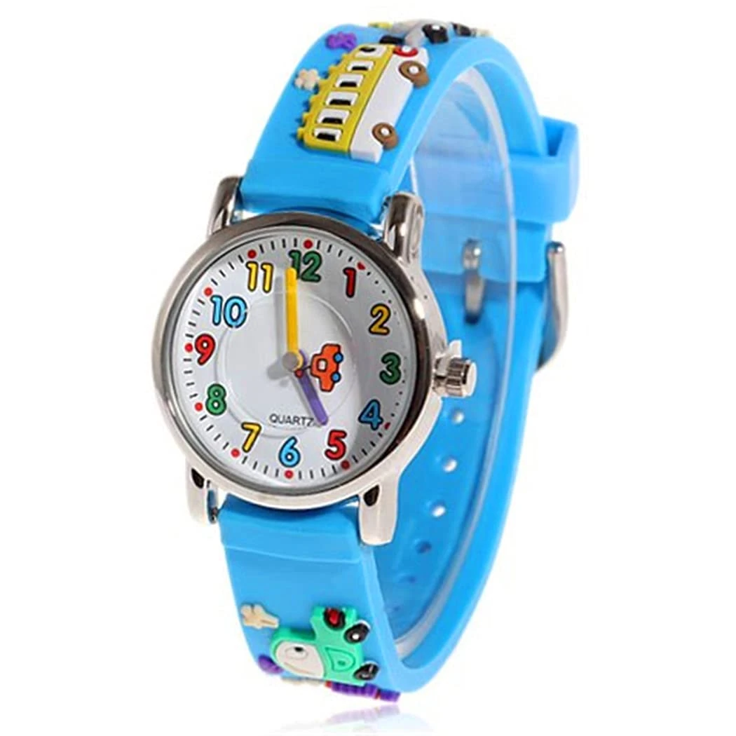 Mixe First Time Teacher Boys Girls Children Kids Analog Wrist Watch Cartoon 3D Band Environment Friendly Silicone (Blue Car)