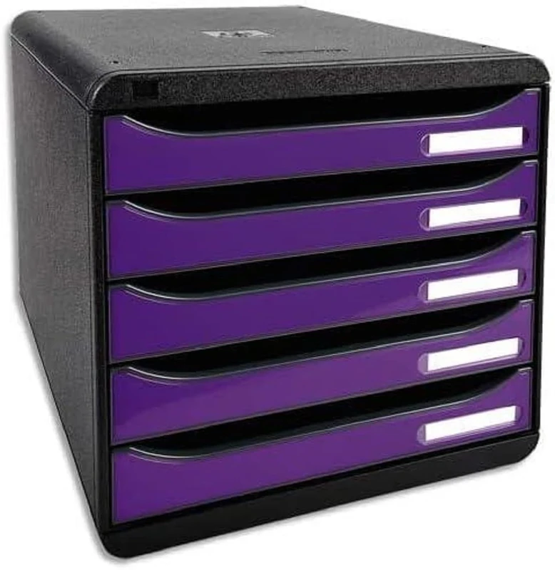 Exacompta - Ref 3097220D - BIG-BOX PLUS Desktop Drawer Set - 5 x 43mm Drawers, Suitable for A4+ Documents, 347 x 278 x 271mm, 100% Recycled Plastic - Black/Glossy Purple