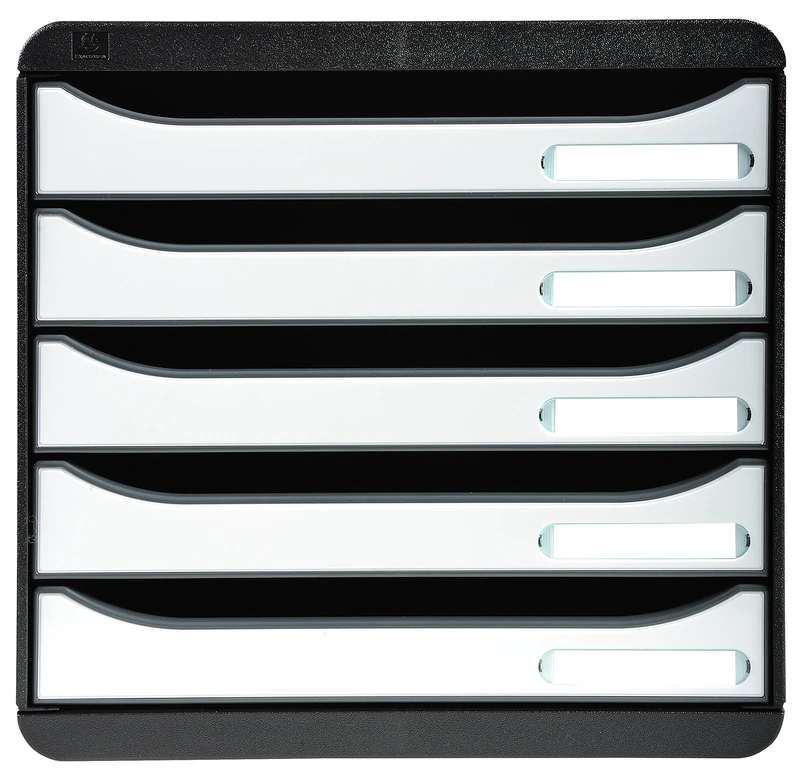 Exacompta - Ref 3097213D - BIG-BOX PLUS Desktop Drawer Set - 5 x 43mm Drawers, Suitable for A4+ Documents, 347 x 278 x 271mm, 100% Recycled Plastic - Black/Glossy White