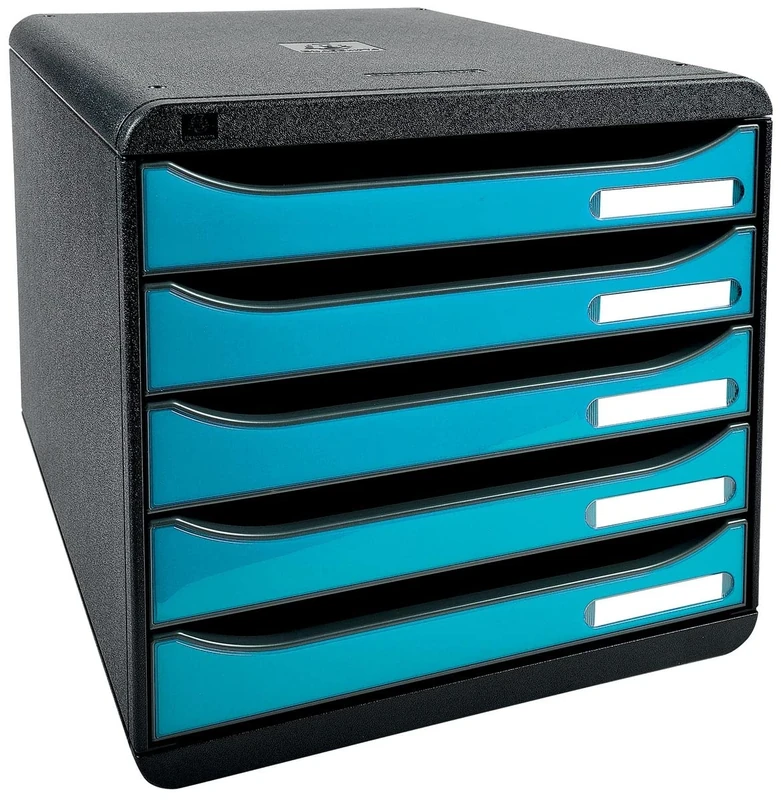 Exacompta - Ref 3097282D - BIG-BOX PLUS Desktop Drawer Set - 5 x 43mm Drawers, Suitable for A4+ Documents, 347 x 278 x 271mm, 100% Recycled Plastic - Black/Glossy Turquoise