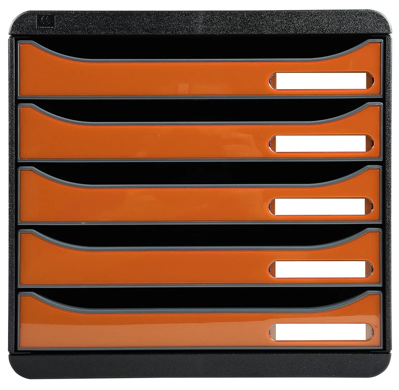 Exacompta - Ref 3097288D - BIG-BOX PLUS Desktop Drawer Set - 5 x 43mm Drawers, Suitable for A4+ Documents, 347 x 278 x 271mm, 100% Recycled Plastic - Black/Glossy Tangerine