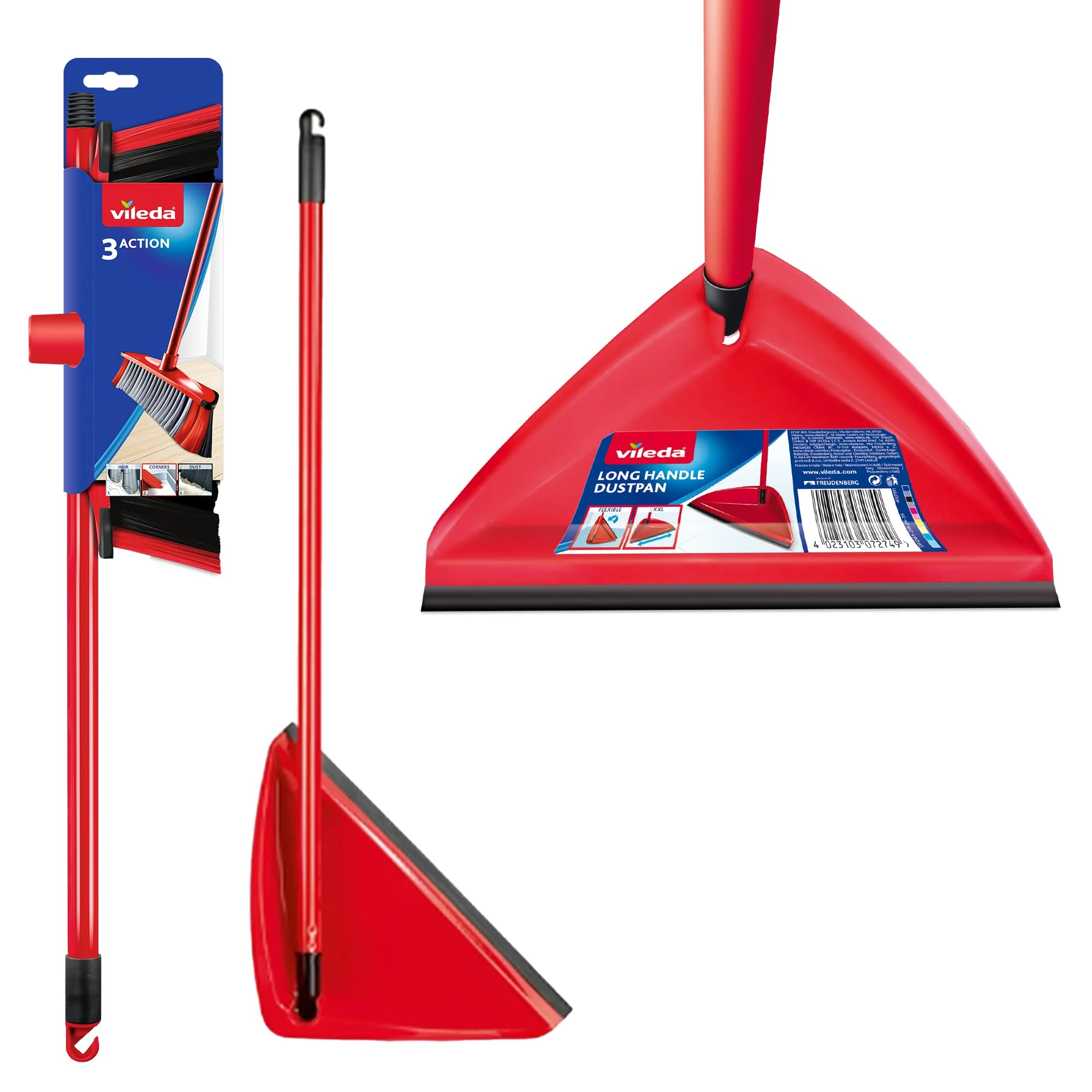 Vileda 160498 Long Handled Dustpan and Brush Set - 3 Action Broom and Dust pan with Long handle to reduce bending.