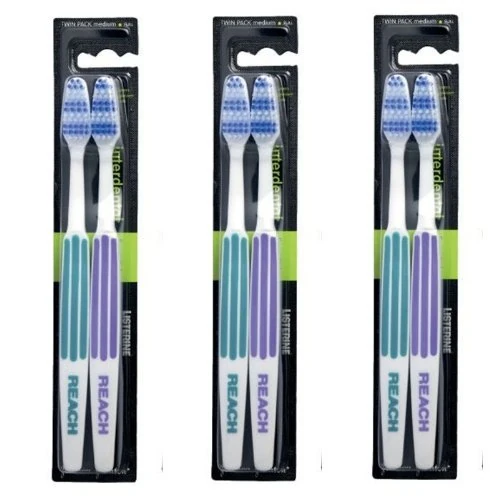REACH Essential Care Interdental Medium Toothbrush, Duo Pack x 3, Full Head Hard Bristle Manual Toothbrushes, Variety Colors Multipack, Daily Oral Enamel Dental Care