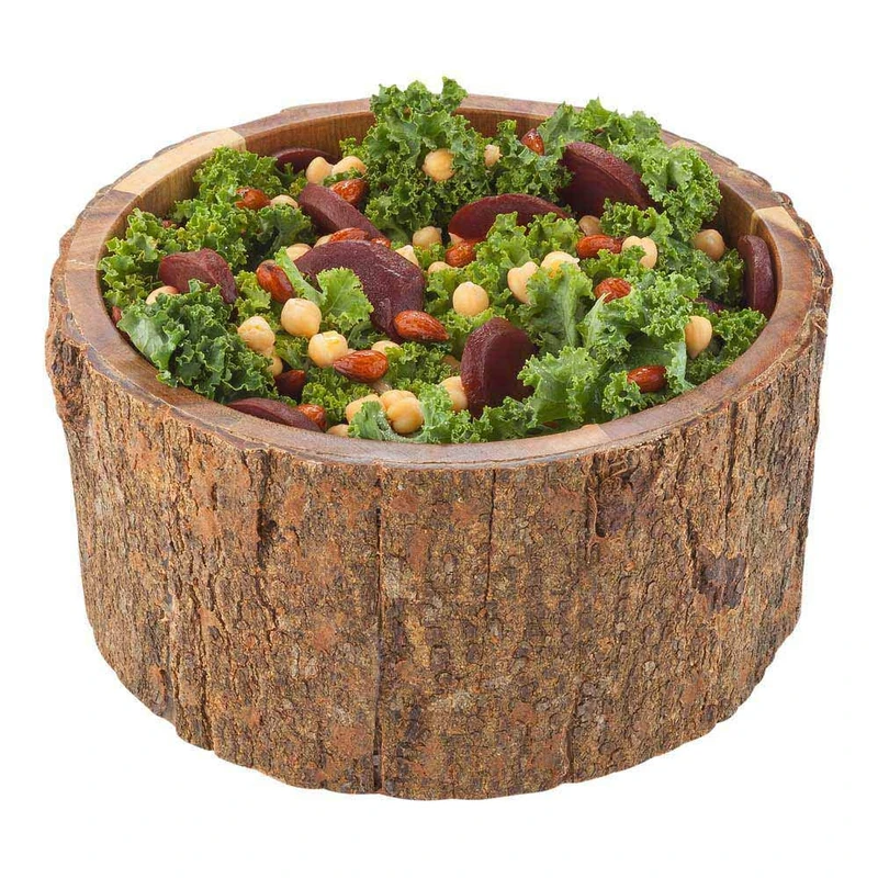 Large Round Acacia Wood Serving Bowl Varnished with Bark D10x5 inches, 140 Ounce 1ct Box - Restaurantware