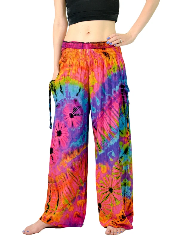 Orient Trail Women's Bohemian Yoga Wide Leg Palazzo Tie Dye Pants Medium Nebula Pink