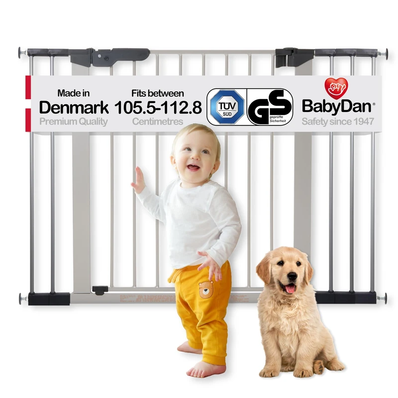 BabyDan Premier door grille / stair gate for clamping, 105.5 - 112.8 cm - made in Denmark and tested by the TÜV GS, color: silver / black