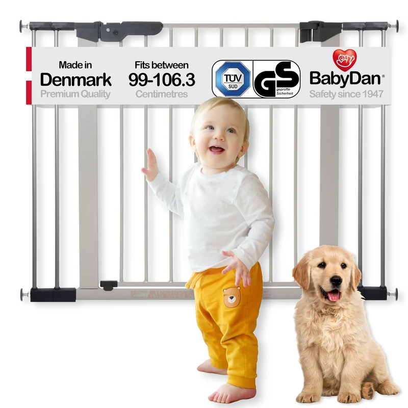 BabyDan Premier door grille / stair gate for clamping, 99 - 106.3 cm, - made in Denmark + TÜV / GS approved, Color: Silver / Black