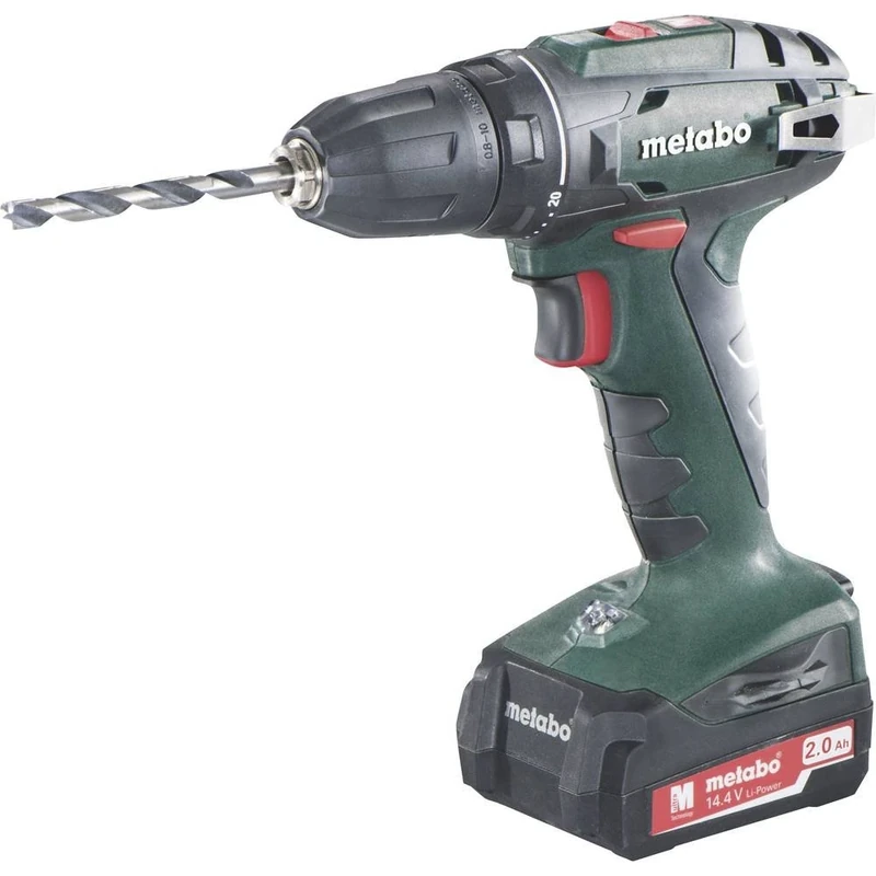 Metabo Cordless Drill BS 14.4 14.4V 2X Li-ion; Charger SC 30; Plastic Case, Built-In LED Working Light, 2Ah Battery Packs, 1500 RPM, 28.8W, Keyless Chuck, Belt Hook